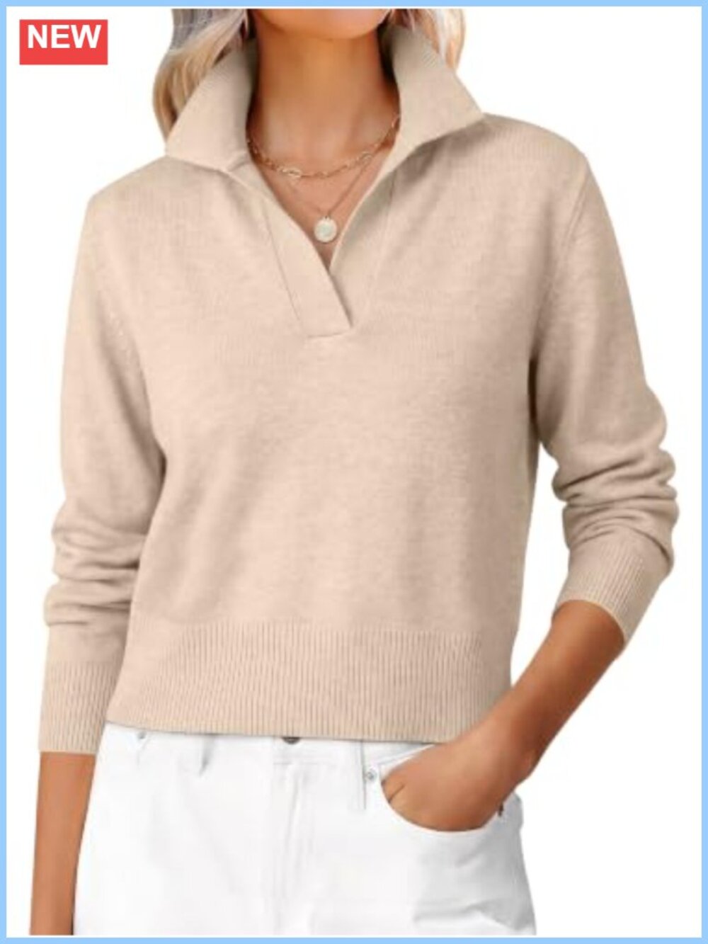 Cropped Polo Collared Long Sleeve Pullover Sweater Business Casual